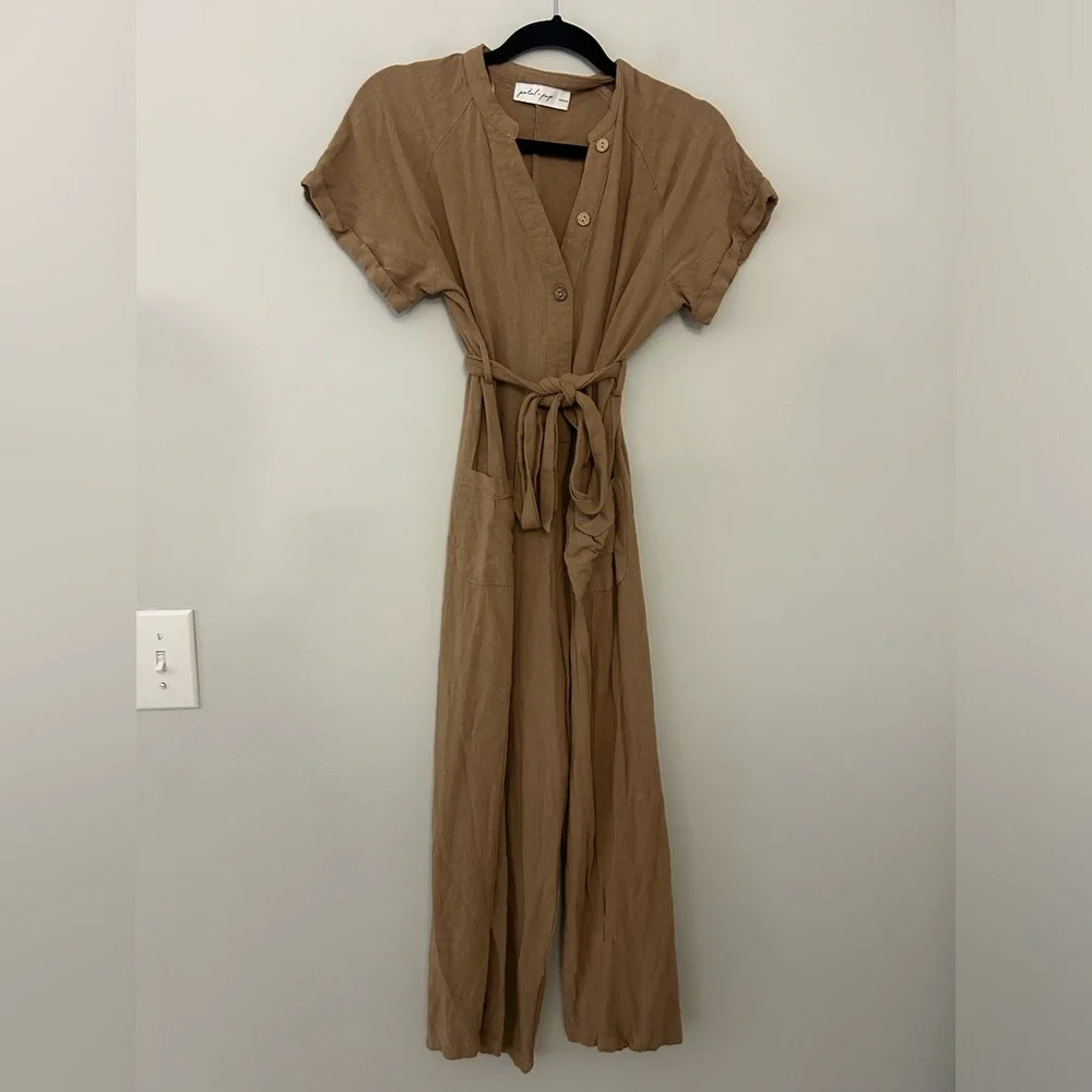Petal & Pup Archie Tie Waist Linen Jumpsuit in Mocha Brown - Picture 2 of 7
